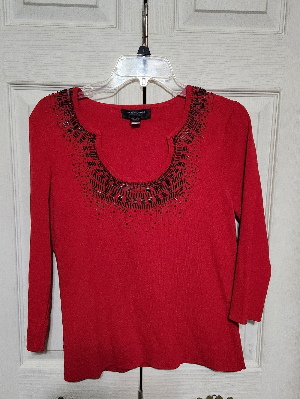 Cable & Gauge Red Scoop Neck Long Sleeve Top with Black Embellishment